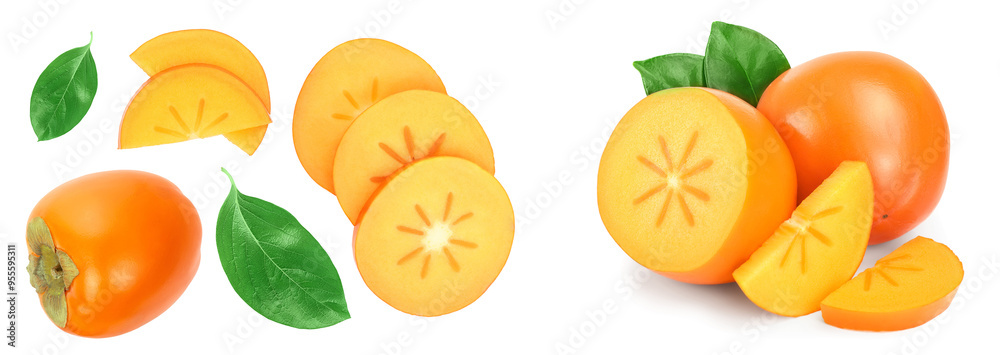 persimmon fruit with slices isolated on white background. Top view. Flat lay pattern persimmon fruit with slices isolated on white background. Top view. Flat lay pattern