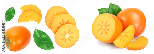 persimmon fruit with slices isolated on white background. Top view. Flat lay pattern photo