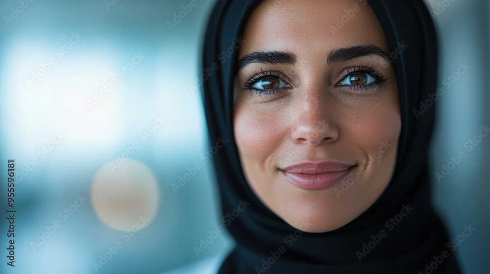 A close-up portrait of a woman wearing a black hijab, with a serene and confident expression, set against a softly blurred background, highlighting her inner peace and strength.