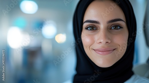 A close-up portrait of a woman in a black hijab, smiling confidently, with a blurred background highlighting her elegant expression and revealing a calm, serene demeanor.