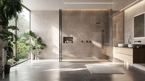 Modern, minimalist and bright bathroom with wooden furniture, gray and beige stone tiles and a glass shower cabin. Interior design concept and bathroom enjoyment view