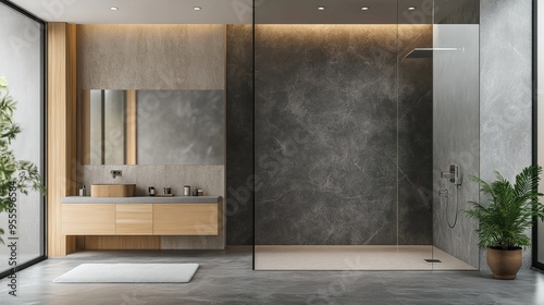 Modern, minimalist and bright bathroom with wooden furniture, gray and beige stone tiles and a glass shower cabin. Interior design concept and bathroom enjoyment view