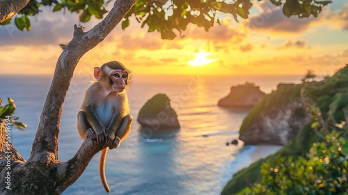 Monkey in the tree. Animals in the wild. Sunset and seascape in the background photo