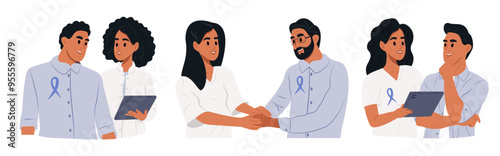 Consultation of urologist. Treatment of men's diseases and prostatitis. Man and doctor with male health symbol. Vector flat illustration