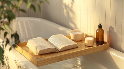 Wallpaper Mural Wooden bath tray with open book, candle and body care products. Relaxing atmosphere fatigue bath Torontodigital.ca