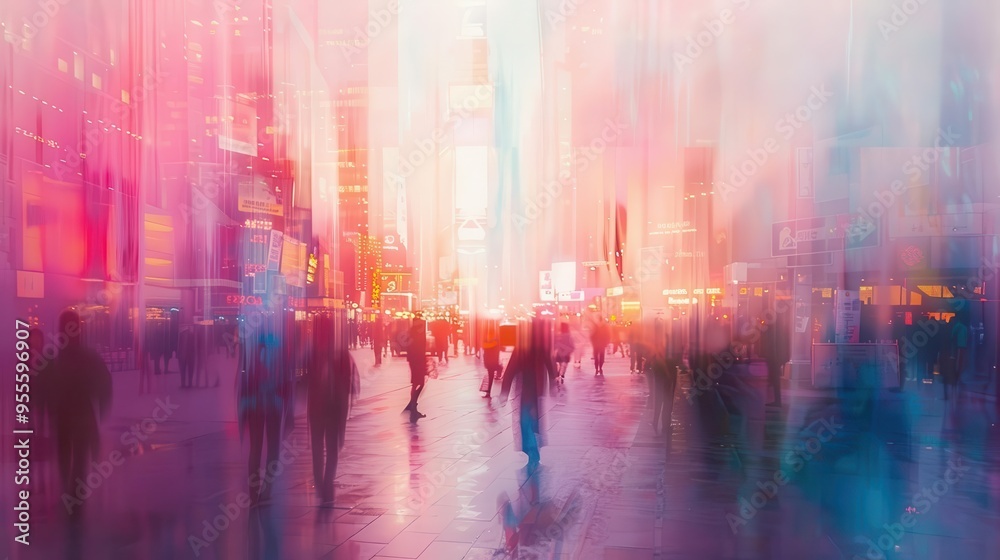 custom made wallpaper toronto digitalethereal cityscape with blurred silhouettes of diverse people awash in soft neon hues creating an atmospheric urban dreamscape reminiscent of a bustling metropolis at twilight