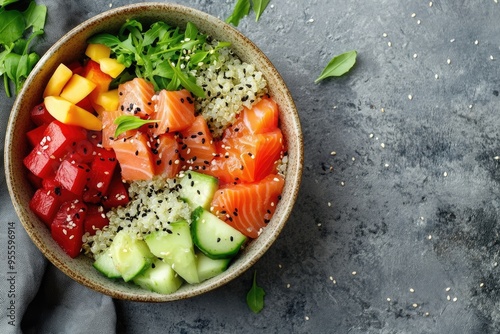 Budda Bowl. Tuna Poke Quinoa Salad with Hawaii Inspired Ingredients photo