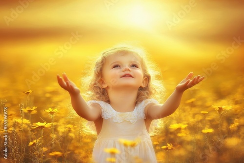 A young child joyfully reaches for the sun in a vibrant flower field during a golden sunset