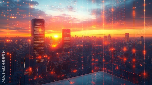 Sunset Overlooking City with Digital Network Interface in High-Rise Buildings, Depicting Urban Connectivity and the Future of Technology