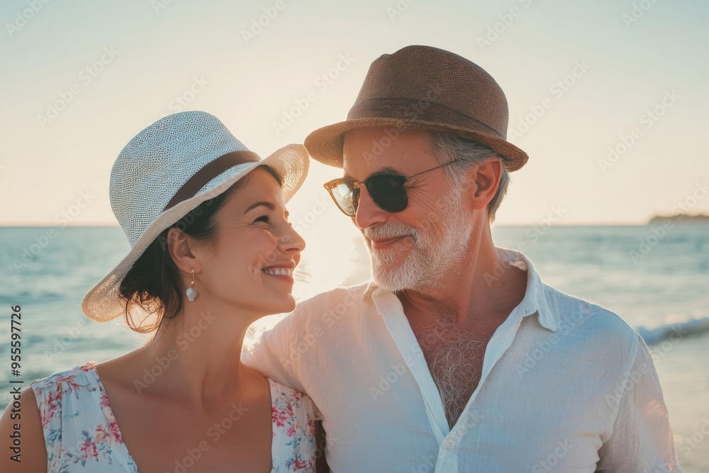 A joyful couple enjoys a sunset stroll on the beach, wearing hats and smiling joyfully in the warm glow of the setting sun A joyful couple enjoys a sunset stroll on the beach, wearing hats and smiling joyfully in the warm glow of the setting sun