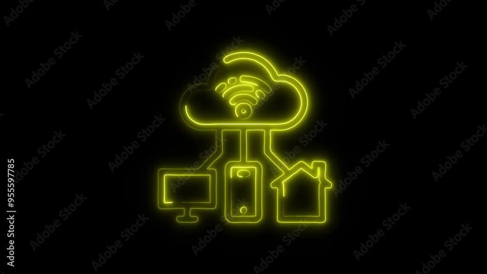 Neon Smart Home Network Icon - Glowing Cloud and Devices Connected on Black Background Representing Advanced Technology, IoT Connectivity, and Modern Digital Home Automation Systems