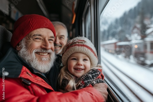 A joyful moment shared between a grandfather and his granddaughter as they travel by train through a picturesque winter landscape