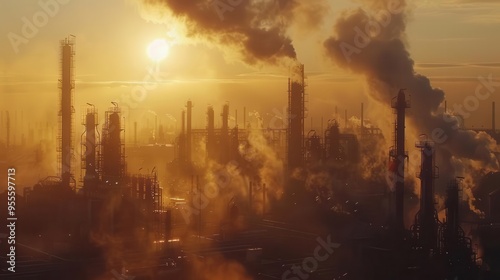 ethereal oil refinery silhouette against vibrant twilight sky aerial view of intricate industrial structures bathed in golden light steam wisps rising dramatically photo