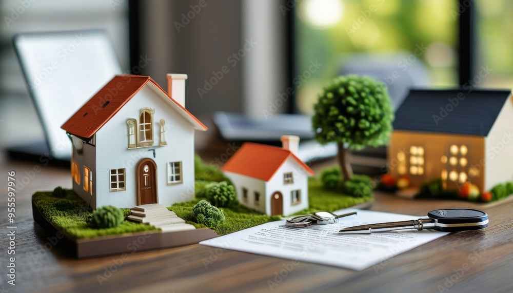 Real Estate Concept with House Models, Keys, and Contract on Desk Real Estate Concept with House Models, Keys, and Contract on Desk