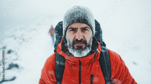 A man in red outdoor trekking gear, walking in snowy mountain conditions. His determination and resilience are evident as he faces the harsh weather with confidence.