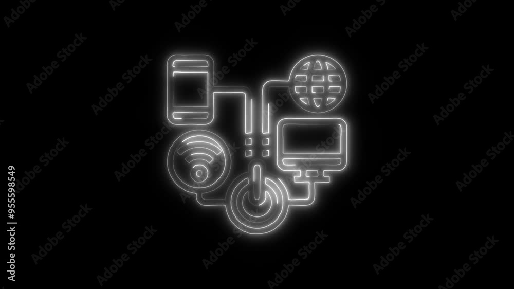 Neon Digital Network Icon - Glowing Devices and Power Symbol on Black Background Representing Advanced Connectivity, IoT Integration, and Modern High-Tech Digital Communication Systems Neon Digital Network Icon - Glowing Devices and Power Symbol on Black Background Representing Advanced Connectivity, IoT Integration, and Modern High-Tech Digital Communication Systems