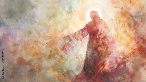 ethereal watercolor depiction of jesus resurrection soft luminous colors portray a transcendent moment with the figure ascending in a halo of light