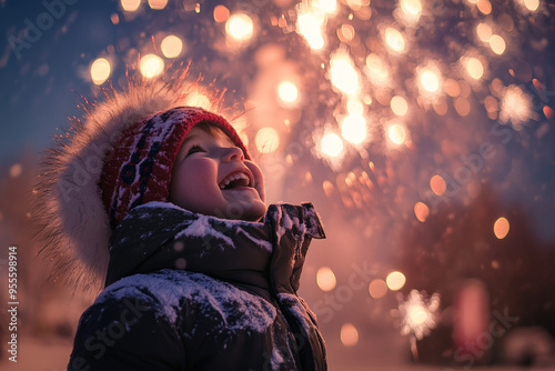 A joyful child in a winter jacket watching a dazzling fireworks display, celebrating the new year outdoors.