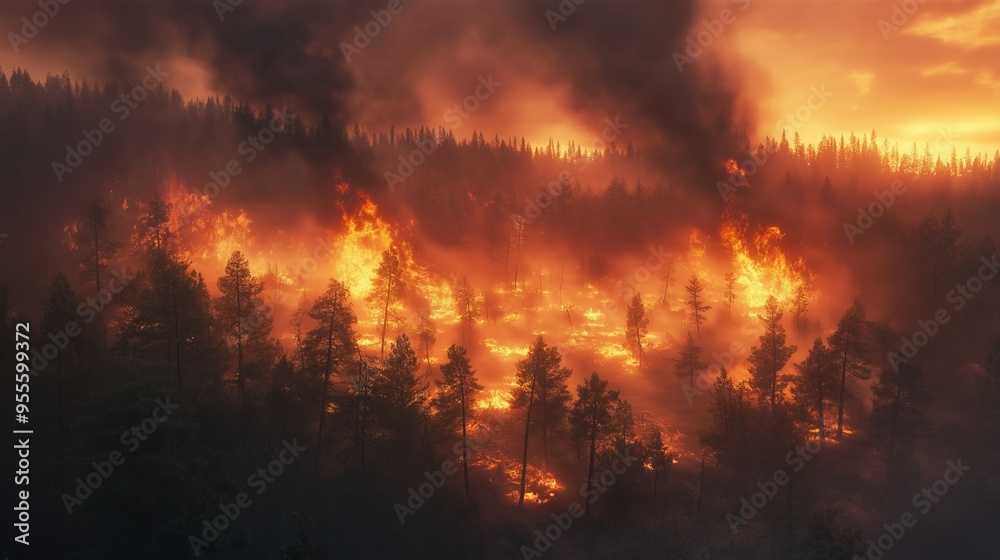 Naklejka premium Inferno of Global Warming: A Forest Engulfed in Flames, Thick Smoke Billowing into the Sky, Highlighting the Destructive Impact of Wildfires