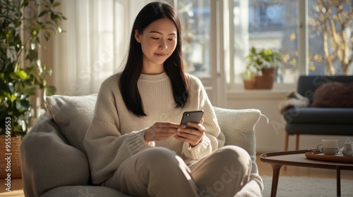 A young woman relaxes on a cozy sofa while using her smartphone in a sunlit living room during the afternoon