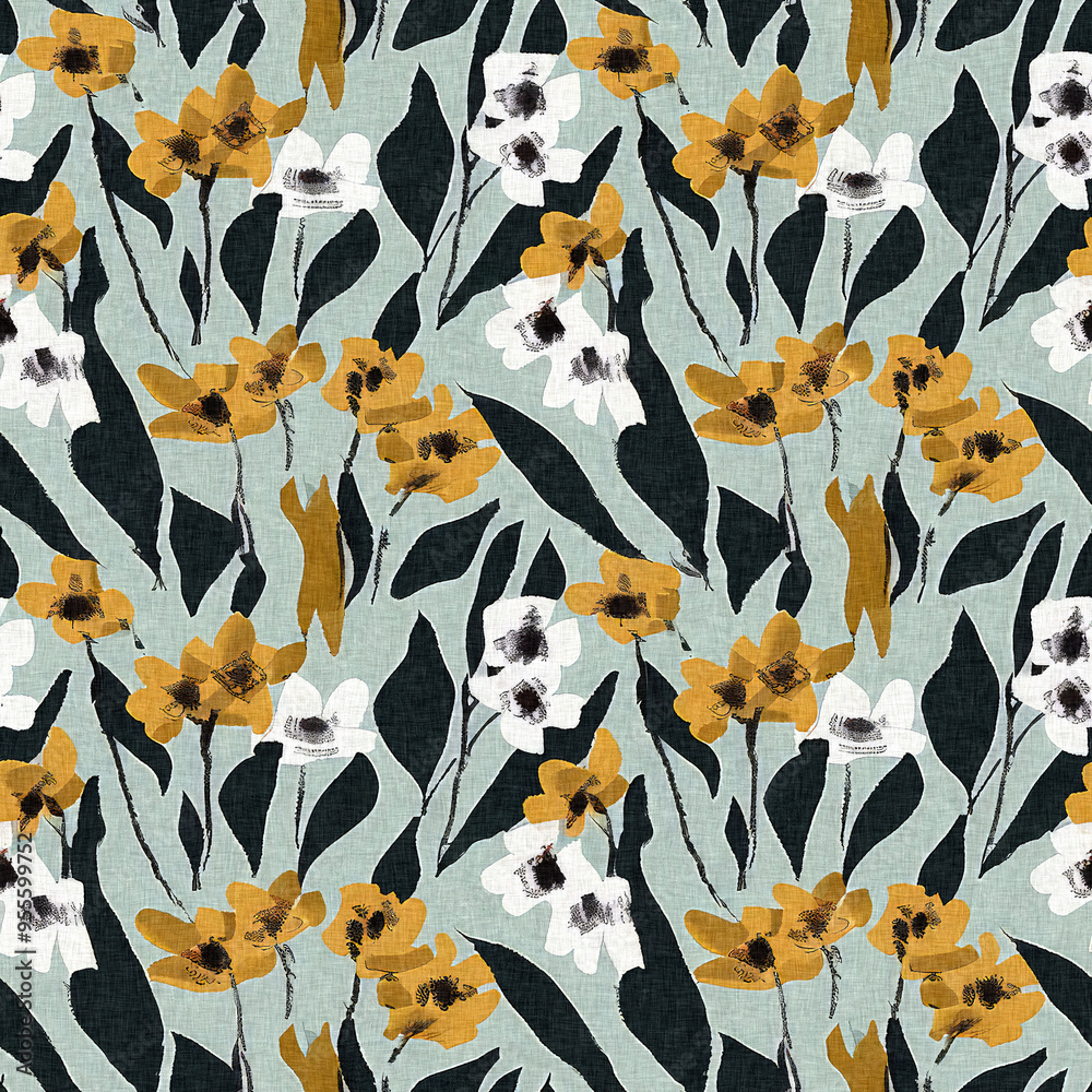 Modern printed fabric wildflower blockprint pattern with linen fabric textures. Stylized hand drawn boho dark florals for decorative design elements in repeatable background tile. Modern printed fabric wildflower blockprint pattern with linen fabric textures. Stylized hand drawn boho dark florals for decorative design elements in repeatable background tile.
