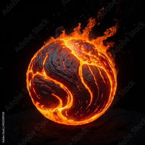 burning sphere on fire on a black background photo