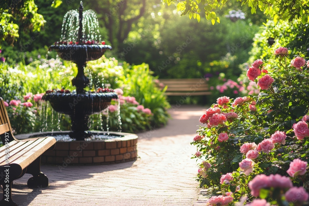 Tranquil Garden OasisBlooming Flowers and Serene Water Fountain for Peaceful Moments Tranquil Garden OasisBlooming Flowers and Serene Water Fountain for Peaceful Moments