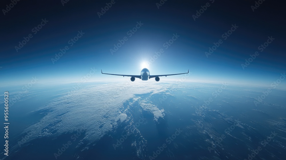 An airplane cruising at high altitude, with a wide-angle view showing the curve of the Earth below and the vast sky above.