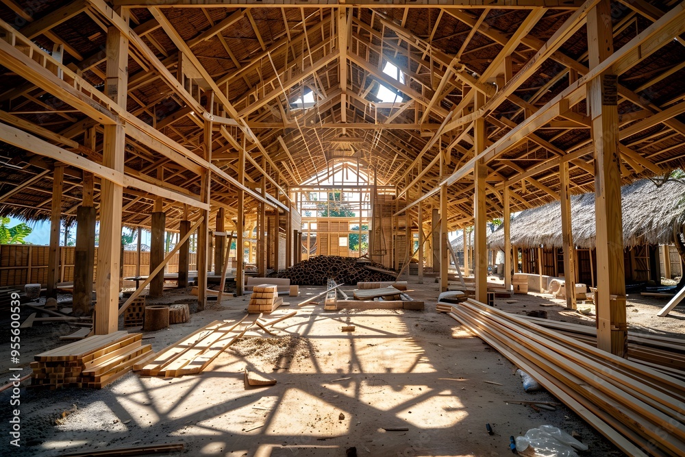 Spacious Wooden Structure Under Construction with Natural Light Streaming In Spacious Wooden Structure Under Construction with Natural Light Streaming In