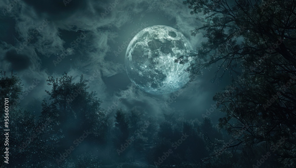 A full moon in the sky, surrounded by trees and dark clouds