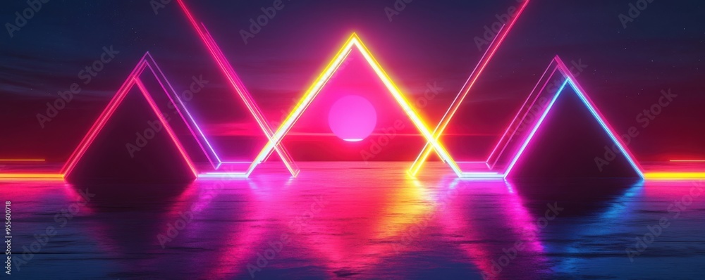 Futuristic neon lights form geometric patterns over reflective water for a captivating and vibrant abstract background design Futuristic neon lights form geometric patterns over reflective water for a captivating and vibrant abstract background design