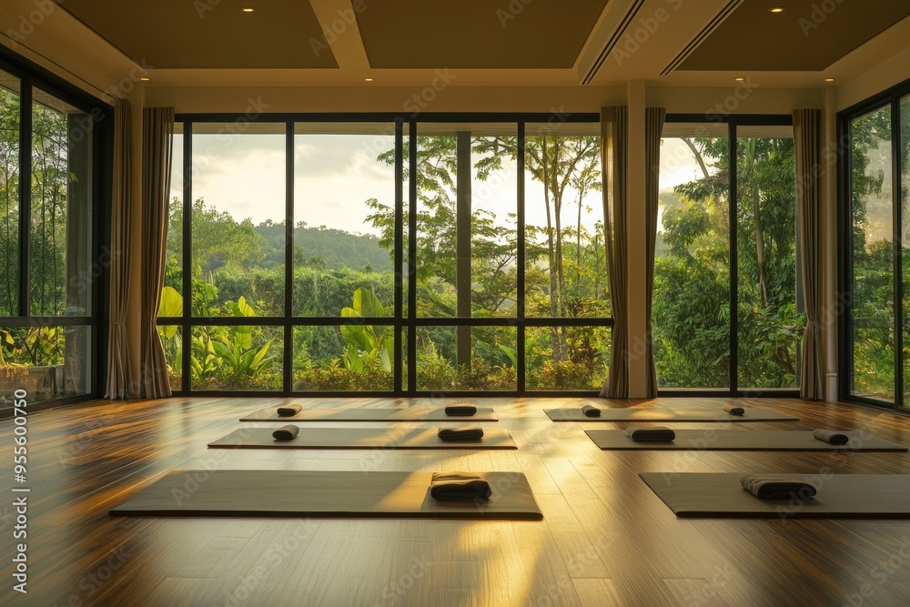 Fototapeta premium Tranquil Yoga Studio Background Promoting Calmness and Focus inNatural Setting
