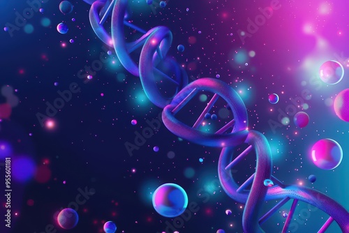 The illustration of futuristic medical research features a DNA strand made of spheres