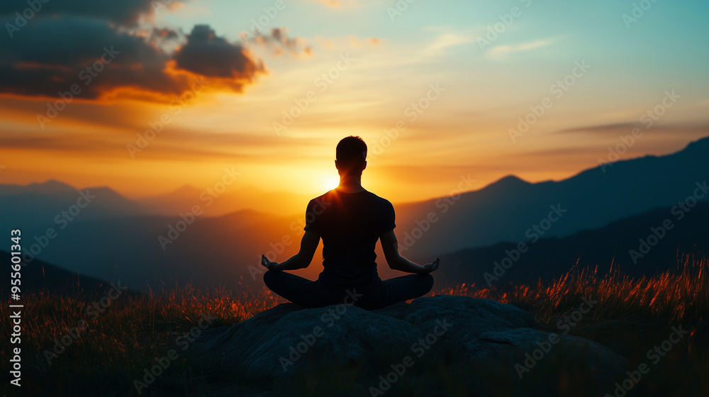 Mid adult man meditating with yoga pose. Yoga and meditation symbol concept. A man meditates at sunset in the mountains. Journey. Lifestyle, relaxation, emotional concept, adventure. AI generation Mid adult man meditating with yoga pose. Yoga and meditation symbol concept. A man meditates at sunset in the mountains. Journey. Lifestyle, relaxation, emotional concept, adventure. AI generation