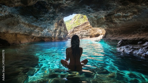 Woman gazing at camera in a cave filled with water USA's Oahu, Hawaii