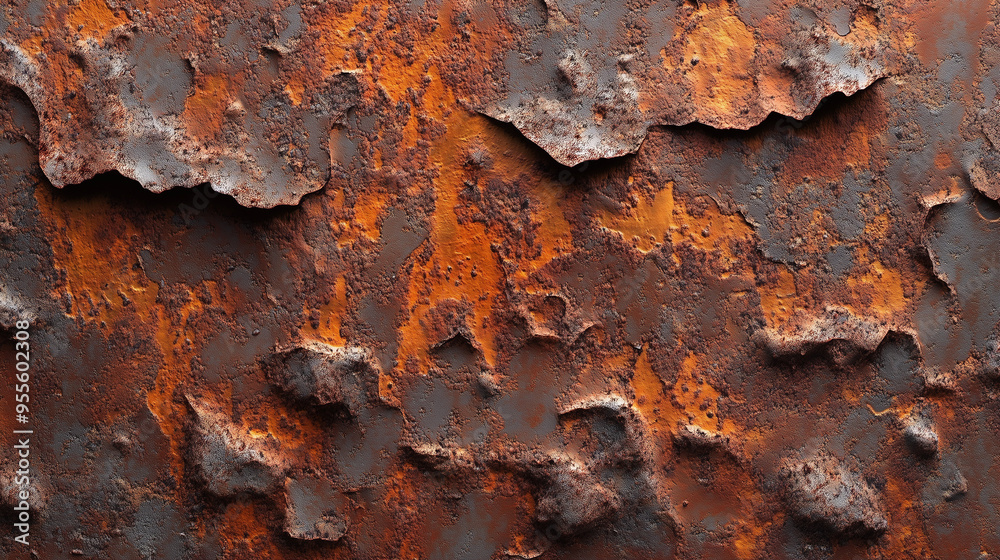 Fototapeta premium A detailed close-up image capturing the texture of rust on a steel plate. The rough, corroded surface showcases the intricate patterns caused by oxidation, highlighting the effects of time and weather