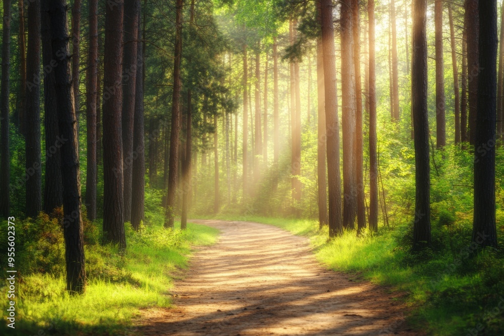 Fototapeta premium Serene Forest Path: Embrace Tranquility and Nature’s Peaceful Ambiance