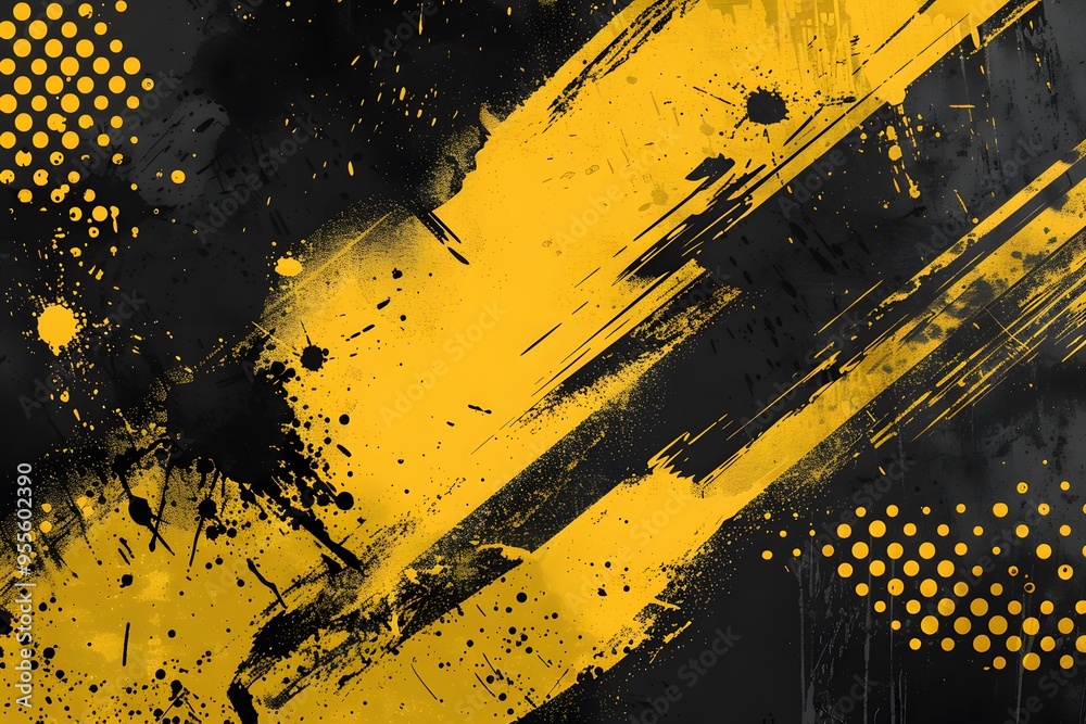 Dynamic Yellow and Black Abstract Background with Splashes and Dots Dynamic Yellow and Black Abstract Background with Splashes and Dots