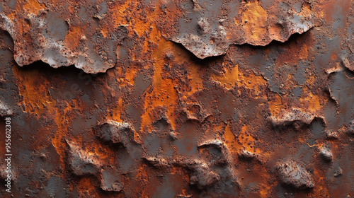 A detailed close-up image capturing the texture of rust on a steel plate. The rough, corroded surface showcases the intricate patterns caused by oxidation, highlighting the effects of time and weather