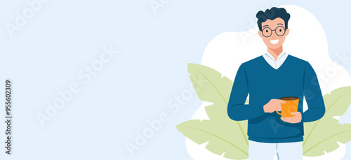 web template of a businessman holding a coffee cup