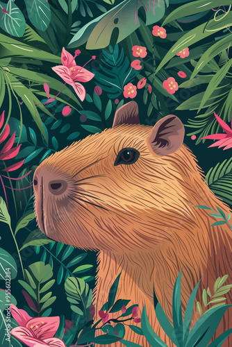 Colorful poster, placard with capybara in a tropical forest. Ai generated image