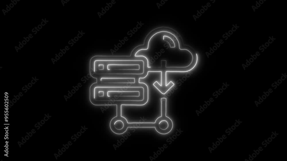 Neon Cloud Storage Icon - Glowing Cloud and Server Design on Black Background Representing Advanced Digital Data Management, High-Tech Cloud Computing, and Modern Networking Solutions Neon Cloud Storage Icon - Glowing Cloud and Server Design on Black Background Representing Advanced Digital Data Management, High-Tech Cloud Computing, and Modern Networking Solutions