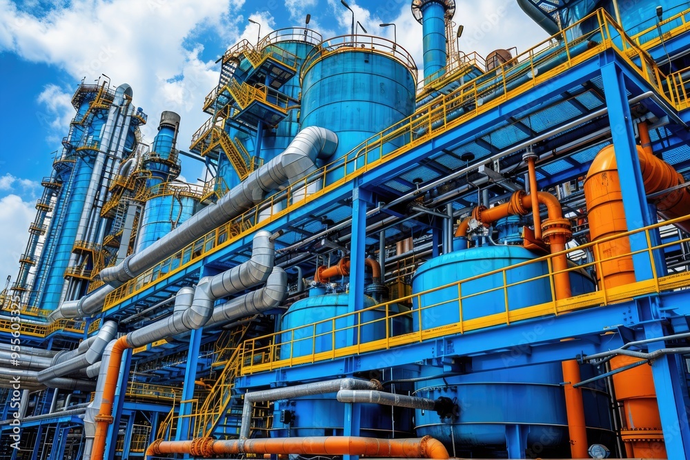 Industrial Complex with Blue and Orange Pipelines Industrial Complex with Blue and Orange Pipelines