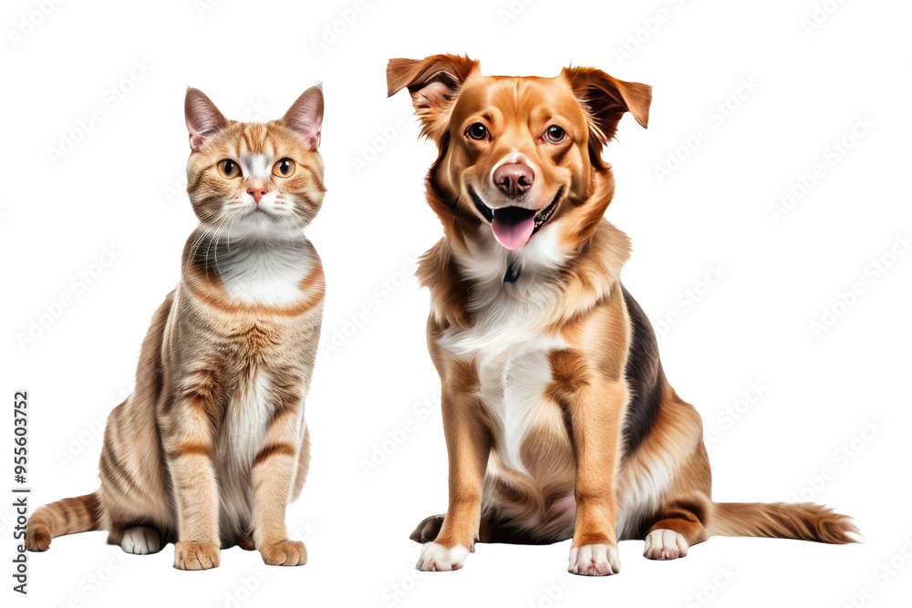 High-resolution stock photo capturing a content cat and dog side by side, exuding joy, seamlessly juxtaposed against a pure white or transparent backdrop, emphasizing their harmonious coexistence High-resolution stock photo capturing a content cat and dog side by side, exuding joy, seamlessly juxtaposed against a pure white or transparent backdrop, emphasizing their harmonious coexistence