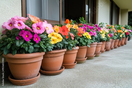 Wallpaper Mural Row of potted colorful flowers in terracotta pots Torontodigital.ca