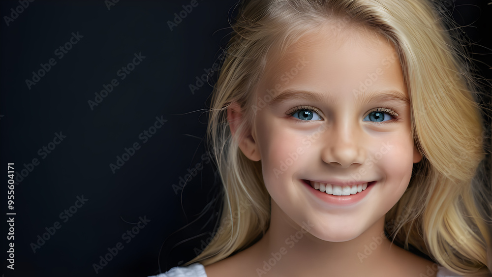 Portrait of a beautiful smiling little girl with blond hair on a black background Portrait of a beautiful smiling little girl with blond hair on a black background