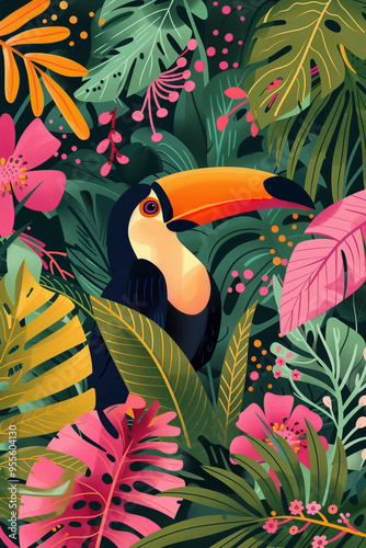 Colorful poster, placard with toucan in a tropical forest. Ai generated image