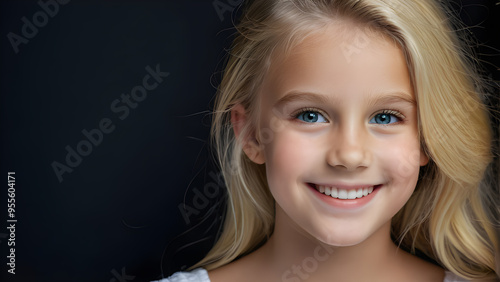 Portrait of a beautiful smiling little girl with blond hair on a black background