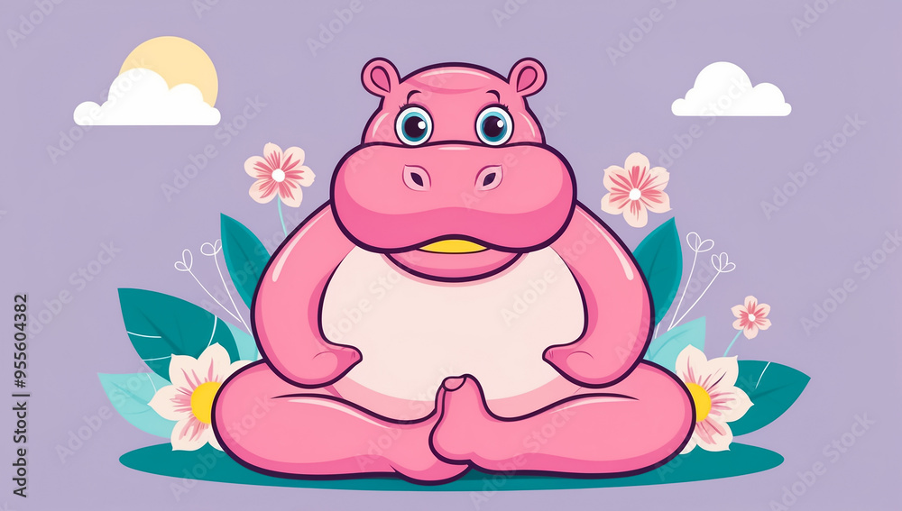 cute cartoon hippopotamus in yoga pose , flowers, flat design illustration cute cartoon hippopotamus in yoga pose , flowers, flat design illustration