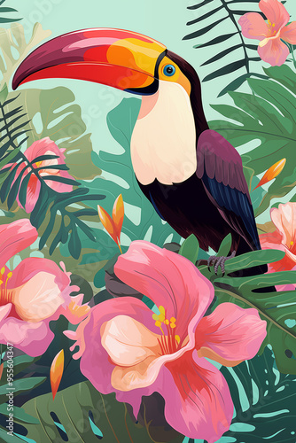 Colorful poster, placard with toucan in a tropical forest. Ai generated image